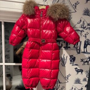 MONCLER RED QUILTED GOOSE DOWN HOODED FUR SNOWSUIT 2T